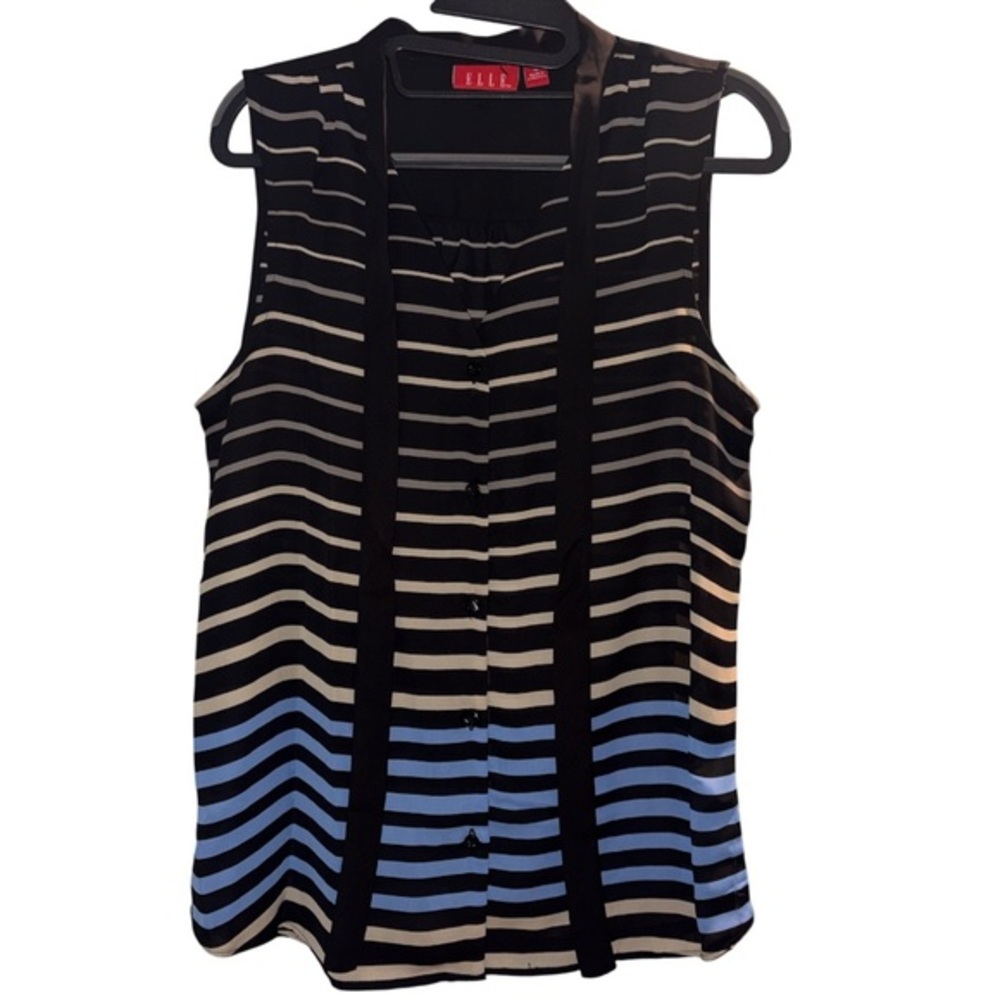 ELLE Black and Blue Button Up with Tie Striped Blouse Short Sleeveless Size M